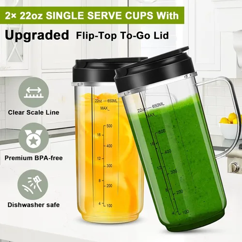 Vista 4 de UBYNID Paquete de 2 Vasos de Licuadora Magic Bullet, Vaso Alto de 22oz con Tapa Abatible Para Llevar y Cuchilla Cruzada de 4 Aletas Repuestos