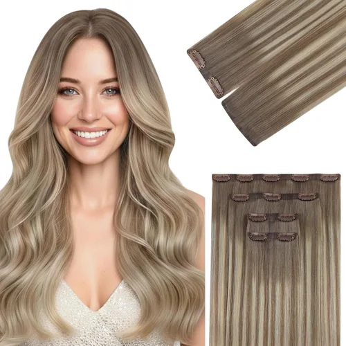Vista 34 de Ve Sunny Extensiones de cabello humano real con clip balayage, color marrón castaño degradado a rubio, 12 pulgadas, 5 unidades, 2.82 onzas