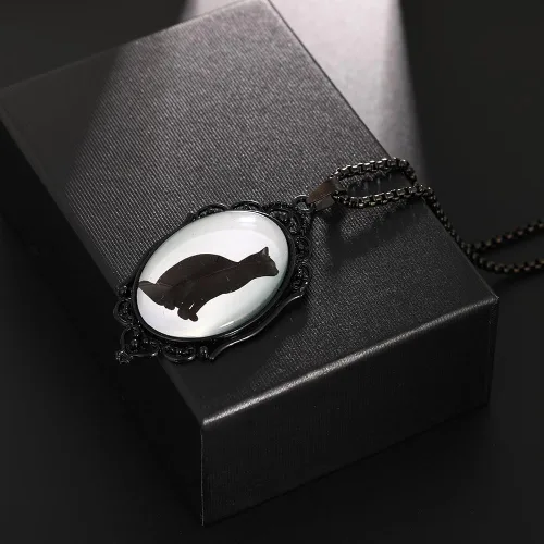 Vista 3 de YWMAN Collar con colgante de gato negro con marco de peltre ovalado gótico, joyería de bruja mística, accesorios de regalo