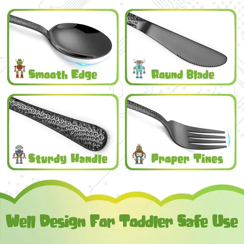 Vista 4 de HaWare Juego de cubiertos de 9 piezas para niños pequeños, cubiertos martillados de acero inoxidable, utensilios de alimentación preescolar, incluye