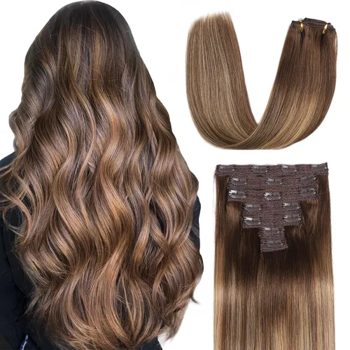 Sisily - Extensiones de cabello con clip de cabello humano real, 30 cm 70 g, balayage de marrón chocolate a rubio, 100% cabello humano Remy