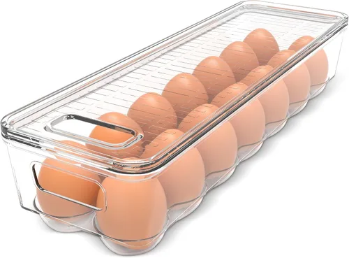 Utopia Home Recipiente para huevos con tapa y asa para refrigerador, paquete de 1, soporte para huevos apilable transparente para almacenamiento y