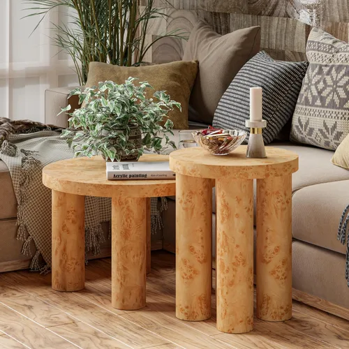 Vista 5 de Aoikax Juego de 2 mesas de centro redondas de madera de granja con acabado de chapa burl, mesas anidables rústicas modernas con patas de pilar