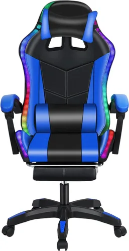 Vista 3 de Silla para videojuegos, silla de computadora con reposapiés y soporte lumbar, silla de juego de altura ajustable con asiento giratorio de 360°