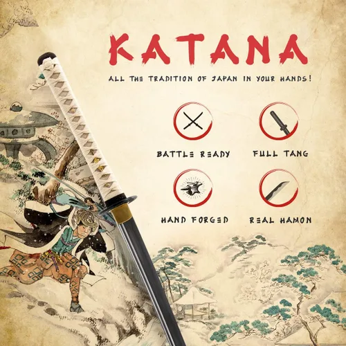 Vista 2 de Handmade Sword – Espada Samurai Katana, práctica, forjada a mano, acero al carbono 1045, templada al calor / arcilla, enredadera completa, afilada