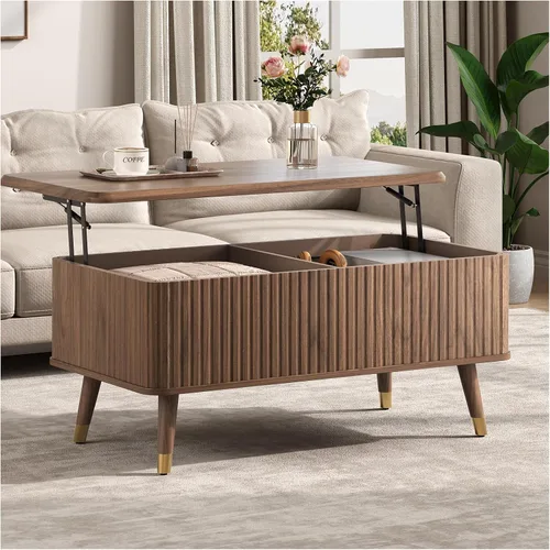 Vista 23 de Mesa auxiliar ovalada con almacenamiento, mesa de centro acanalada de 42.5 pulgadas con parte superior de elevación y patas de madera maciza, mesa