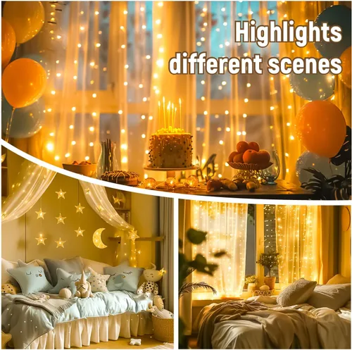 Vista 9 de HXWEIYE - 300 luces LED de cortina sin enredos, 9.8 x 9.8 pies, USB, control remoto Rosa
