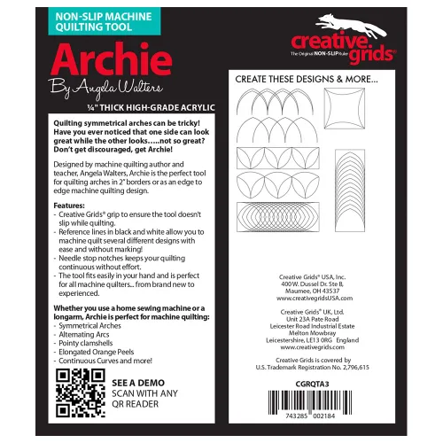 Vista 6 de Creative Grids Machine Quilting Tool Archie - CGRQTA3 - Fabricado en Estados Unidos, regla de plantilla acrílica antideslizante para acolchado