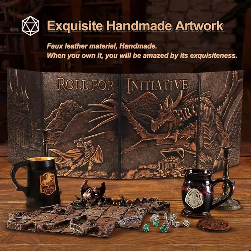 Vista 7 de DND DM Screen 5e, D&D Dungeon Master - Pantalla 3D de piel sintética de 4 paneles con inserciones personalizables, accesorios de rol GM de Calabozos