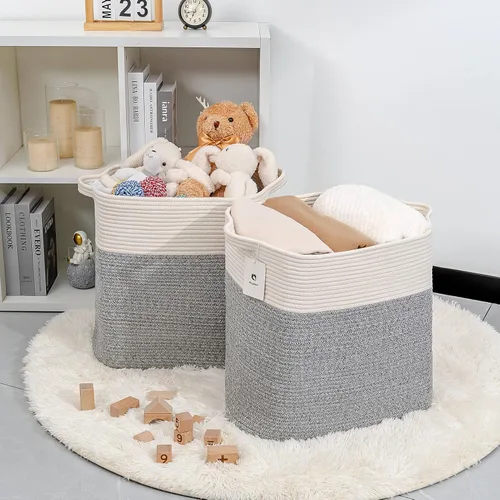 Vista 4 de laughbird Cestas de almacenamiento para ropa, cesta de almacenamiento de cuerda de algodón y tela con asas, cesta tejida decorativa para sala