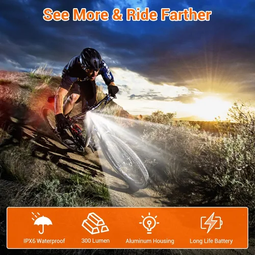Vista 8 de RIDWIND Juego de luces de bicicleta recargable, 300 lúmenes, luz delantera y trasera de bicicleta, luces USB para bicicleta de noche, 5+6 modos
