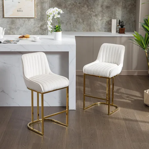 Vista 7 de Shunzhi Juego de 4 taburetes de bar de terciopelo beige, modernos y cómodos taburetes de mostrador con respaldo/patas doradas, sillas de bar
