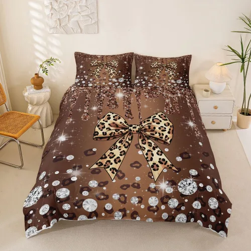 Vista 159 de Feelyou Coquette Bow Bedding Set Twin Size Leopared Bows Comforter Cover for Kids Teens Adults Glitter Diamond Blue Duvet Cover Cute Bowknot Room