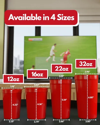 Vista 4 de PartyPrints Paquete de 10 Vasos de Plástico Rojos Reutilizables en Blanco de 16 oz, Vasos de Estadio a Granel – Sin BPA, Seguros para Lavavajillas