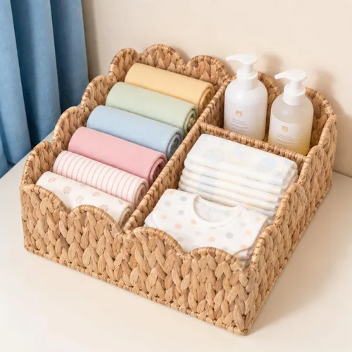 Cesta festoneada dividida, cesta de mimbre para pañales festoneada, cesta tejida de jacinto de agua natural con 4 divisores, adecuada para Beige