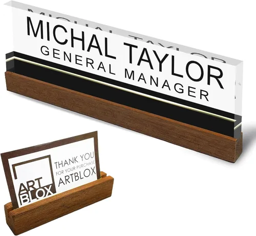 Vista 15 de Artblox - Placa de nombre personalizada para escritorio de oficina con soporte de tarjeta de presentación Cristal acrílico transparente
