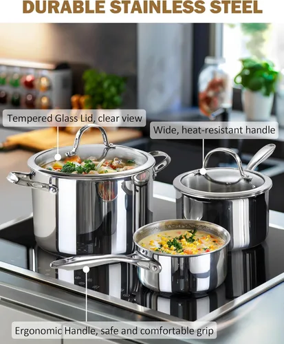 Vista 7 de Cooks Standard - Cacerola de acero inoxidable con tapa, olla de salsa recubierta de múltiples capas de 1.5 cuartos de galón, plateada