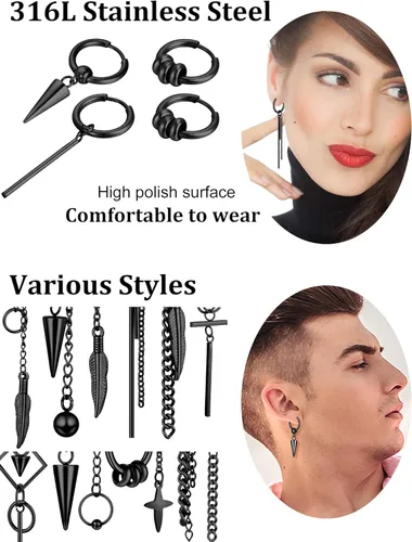 Vista 3 de Hicarer 20 aretes colgantes de acero inoxidable para hombre, aretes de aro con bisagras Kpop