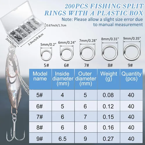 Vista 2 de Skylety 200 Pcs Split Fishing Rings with Plastic Box, Treble Hooks Kit with Plastic Box, 1 Piece Lure Tackle Connector Fishing Plier, and 1 Piece