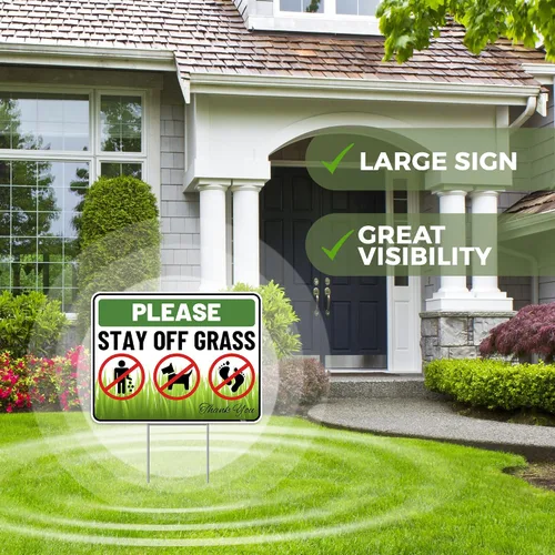 Vista 5 de 2 carteles con estaca, 12 x 9 pulgadas, plástico corrugado, con texto en inglés "Keep Off Dont Walk on Grass - No Dog Pooping Peeing Curb Your Dog