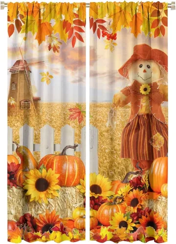 Vista 41 de Divertidas cortinas opacas de calabaza y espantapájaros para sala de estar, rústicas de otoño, hojas de arce, girasol, cosecha de otoño, puesta