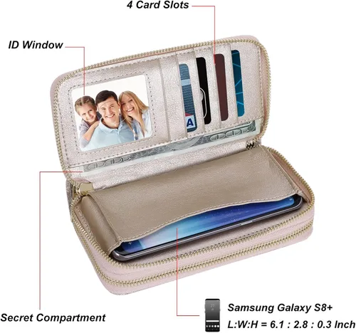 Vista 5 de HAWEE - Cartera para teléfono celular, con dos cierres y correa larga extraíble para la muñeca, para mujer