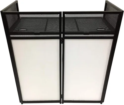Vista 3 de Fachada para Eventos de DJ Scrim Blanco/Negro Marco de Metal Cabina + Mesa Plana de 20" x 40" Incluye Paneles Blancos y Negros + Estuches