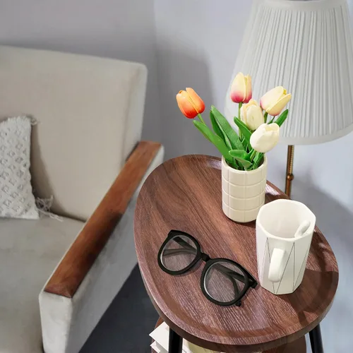 Vista 5 de Mesa auxiliar pequeña, mesa redonda ovalada de madera, mesa de sofá de 2 niveles, mesita de noche con marco de metal para sala de estar, dormitorio