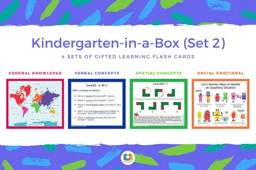 Vista 3 de TestingMom.com Kindergarten-In-A-Box - Paquete de tarjetas didácticas de aprendizaje para dotados (juego 2) – Conocimiento general, verbal
