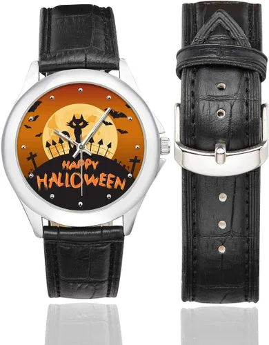 Vista 2 de Happy Halloween - Relojes clásicos de acero inoxidable con correa de cuero para mujer, color negro