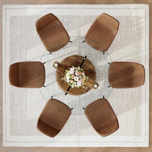 Vista 4 de Juego de mesa redonda de cristal de 5 piezas para 4, mesa de comedor moderna de 48 pulgadas con base de grano de madera, sillas tapizadas de gamuza
