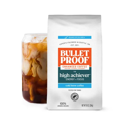 Bulletproof The High Achiever Café Molido Grueso para Preparación en Frío, 10 Onzas, Tueste Medio-Oscuro Café Mejorado con Hongo Melena de León,