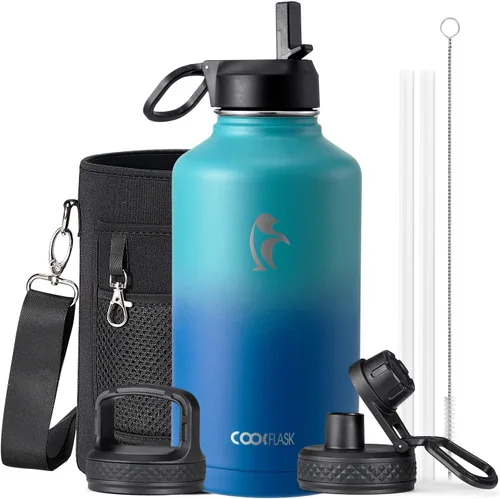 Vista 52 de Coolflask Botella de agua de 24 onzas aislada con pajilla, 3 tapas de metal de acero inoxidable, botella de agua de boca ancha para deportes u