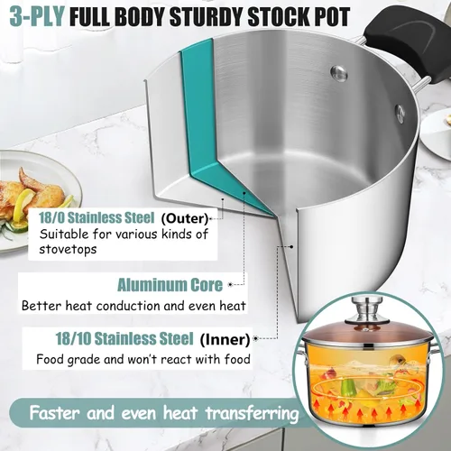 Vista 4 de TeamFar Olla de acero inoxidable, olla de cocción de pasta de tres capas de 6 cuartos con tapa y asas resistentes al calor, para cocina eléctrica