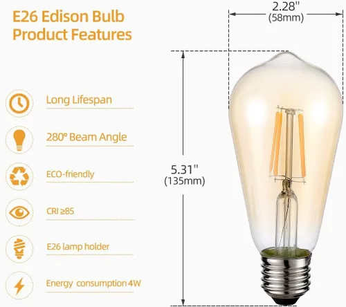 Vista 2 de HESSION - Bombillas LED Edison vintage 4W ST58, equivalentes a 60W, regulables, paquete de 4, base E26, 400 lúmenes, 2700 K luz blanca cálida