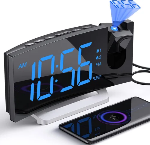 Reloj despertador de proyección con radio FM, puerto de carga USB, atenuador 0-100%, alarma dual, pantalla LED HD, 30 estaciones preestablecidas,