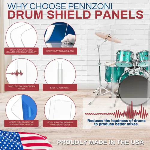 Vista 2 de PENNZONI Drum Shield de 5 pies con bisagras de plástico, viene con 3 paneles para tambor y bisagras de plástico, paneles de acrílico transparente