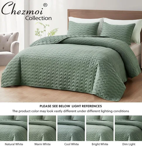 Vista 8 de Chezmoi Collection Destiny - Juego de edredón de 3 piezas, tamaño King, color salvia - Juego de colcha acolchada ligera de microfibra suave lavada a