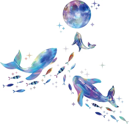 Calcomanías de pared que brillan en la oscuridad del océano deslumbrante ballena, pez estrella, decoración de la habitación del bebé, decoración de