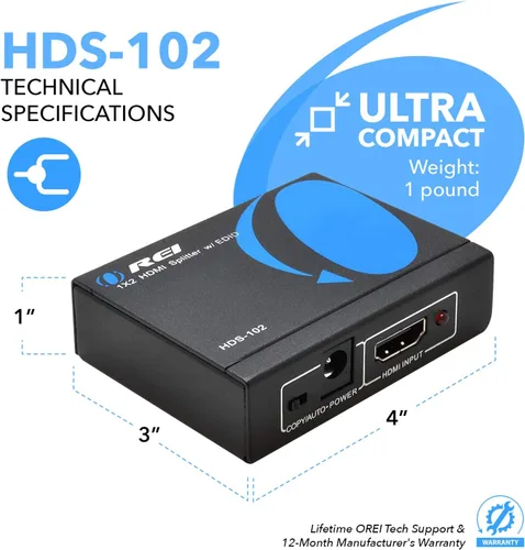 Vista 6 de OREI Divisor HDMI 1 entrada 2 salidas - Ultra HD 4K @ 30Hz, HDCP, 3D y soporte Full HD 1080P para Xbox, PS4, Blu-ray, HDTV - Adaptador incluido Negro