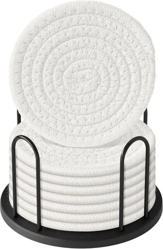 Vista 16 de Juego de posavasos Lazebox de 8 para bebidas, cerveza, café, posavasos absorbentes tejidos de algodón con soporte, posavasos boho para decoración