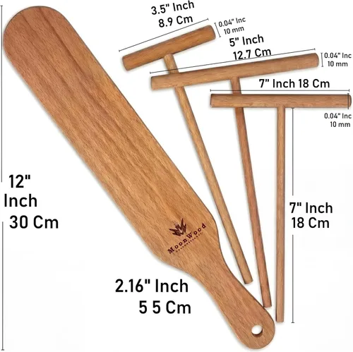 Vista 6 de Juego de esparcidor de crepé con volteador, 4 piezas de herramientas de madera (3.5, 5, 7, 12 pulgadas), diseño en forma de T para cocinar