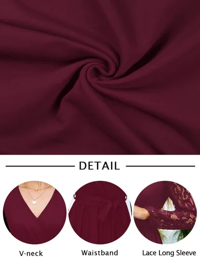 Vista 6 de Runwind Elegante vestido largo para mujer, cuello en V, encaje de manga larga, vestidos de dama de honor con cinturón