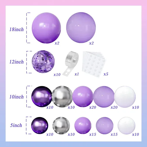 Vista 2 de Kit de arco de guirnalda de globos morados, 144 globos de confeti morado pastel morado lavanda con globos blancos plateados para mariposa, despedida