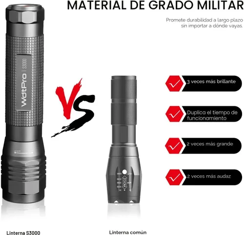 Vista 2 de WdtPro - Linterna LED de alta potencia S3000, linternas súper brillantes - Alto número de lúmenes, resistente al agua IP67, 3 modos y con zoom