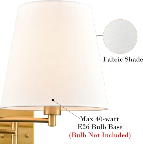 Vista 5 de Juego de dos apliques de pared dorados con brazo oscilante, lámpara de pared moderna con brazo oscilante con cable enchufable, apliques de latón
