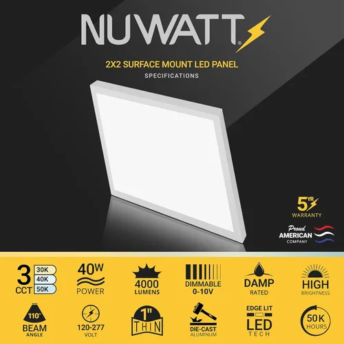 Vista 2 de NUWATT Luz LED de panel plano de montaje en superficie cuadrada de 2 x 2 pies, 120-277 V, 3CCT 3000 K/4000 K/5000 K seleccionable, 4000 lm, 40 W