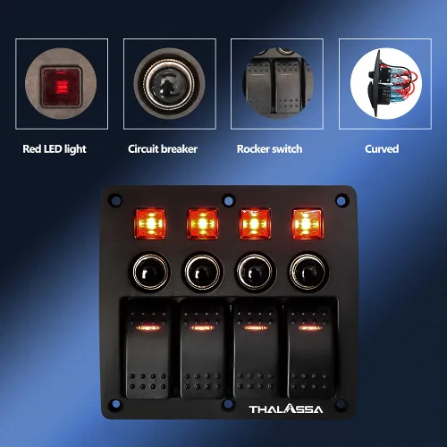 Vista 3 de Panel de interruptor basculante precableado de 4 bandas, impermeable, 12 V 24 V con fusible, interruptor de circuito con indicador LED rojo de 3