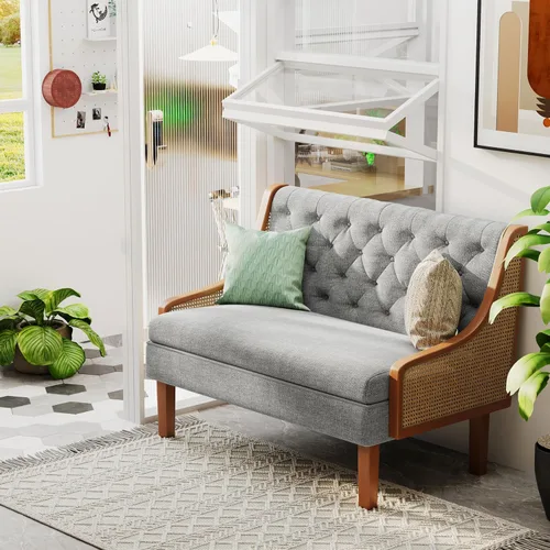 Vista 5 de Andeworld Banco de sofá biplaza con brazos de ratán natural, mini sofá tapizado moderno, banco de comedor de banqueta, asiento de amor para sala