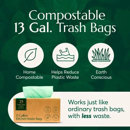 Vista 2 de Bolsas de basura compostables* Cleanomic con cordón (13 galones, 25 unidades, altas), certificadas BPI para compost de cocina